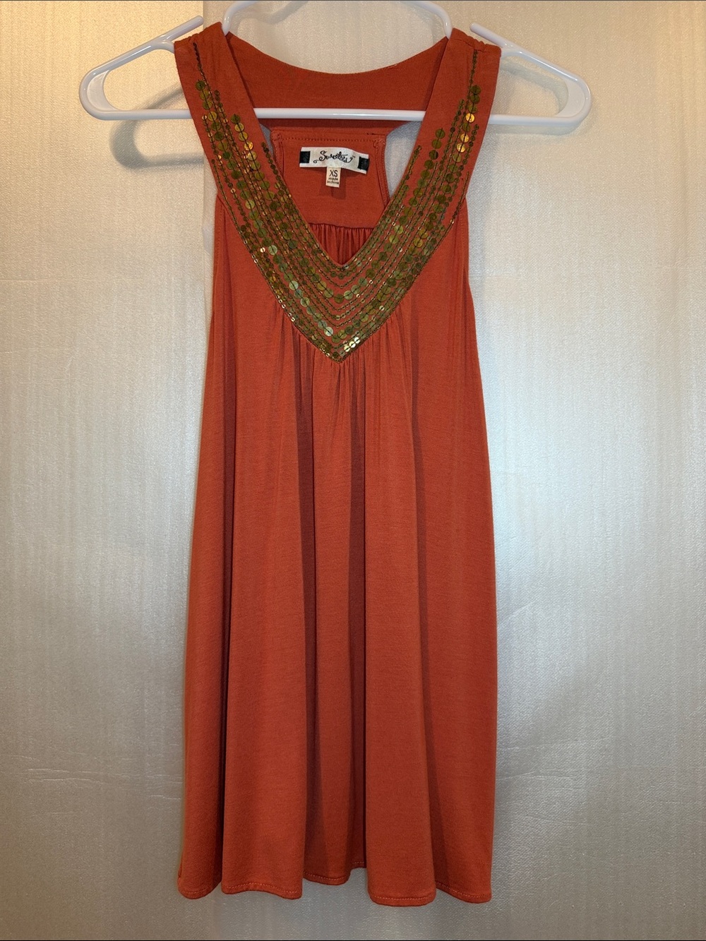 Sweetees Burnt Orange Tank Top with Gold Sequin V-Neck